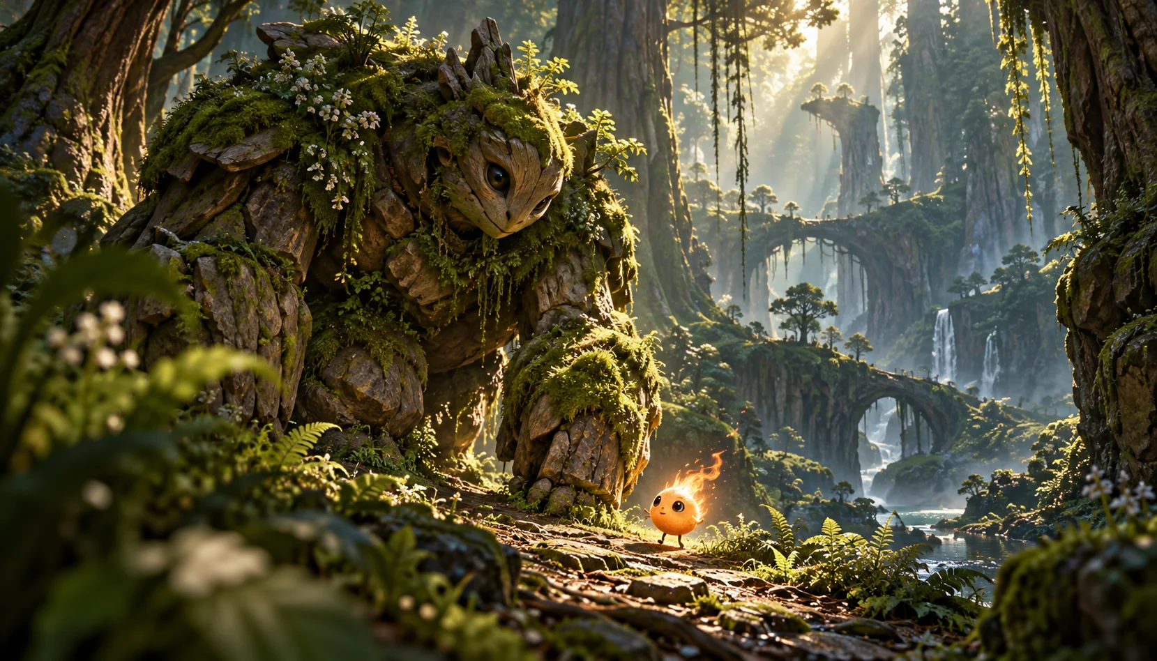 Concept art of a small glowing ember creature beside a giant moss-covered woodland guardian in a lush luminous forest.